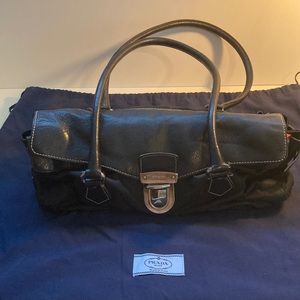 Prada vintage Tessuto Black leather and nylon canvas shoulder bag. 14” long